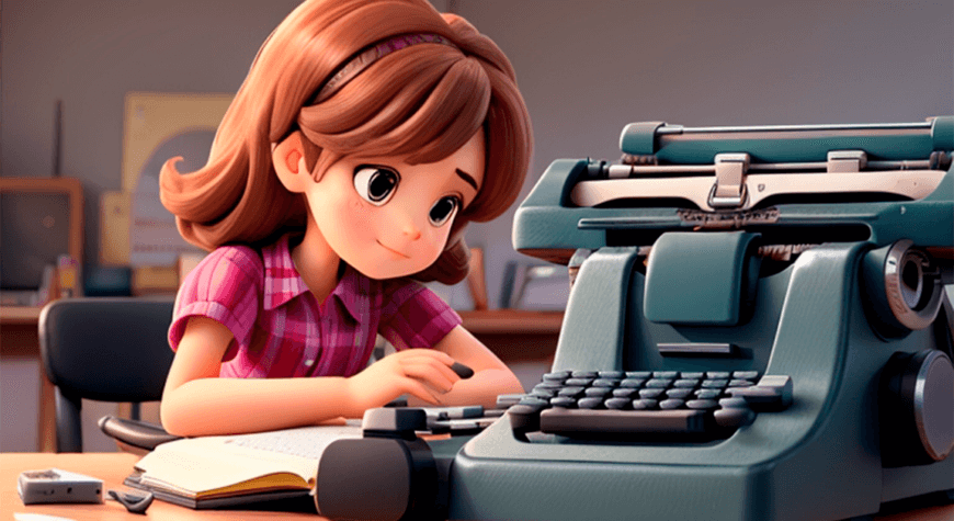 A girl is typing text on a typewriter